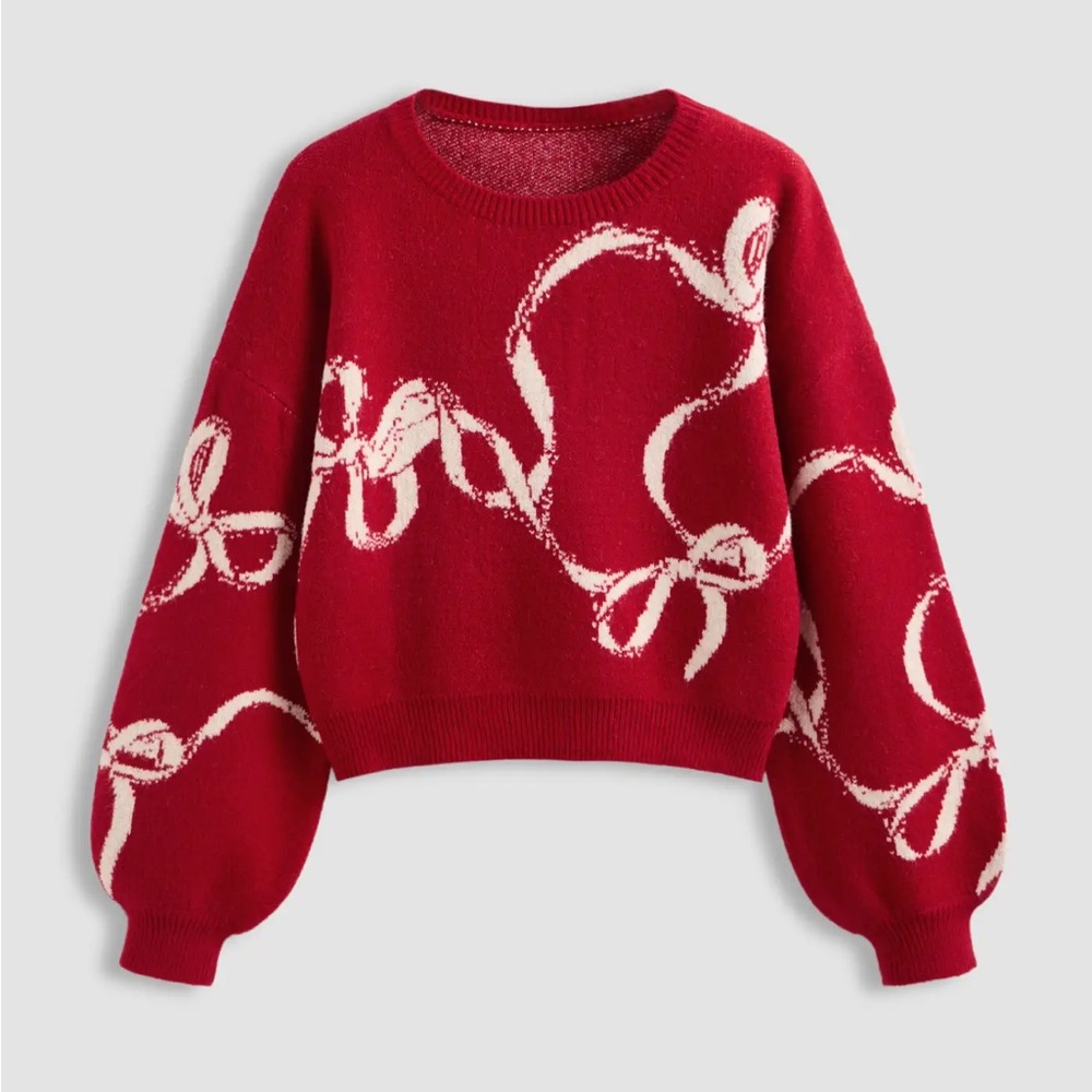 Cider Red Crewneck Sweater with Cream Ribbon Pattern